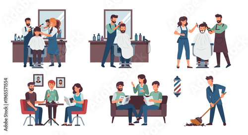 Barbershop scenes: haircuts, waiting, and cleaning, diverse people, modern salon.