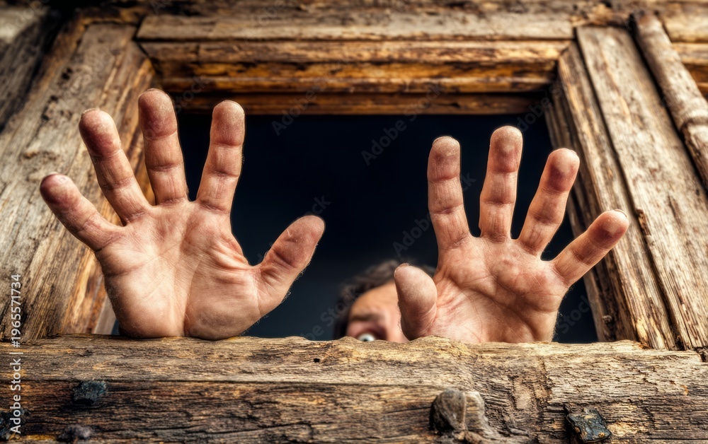 Fototapeta premium Hands Reaching Out from the Old Window of an Ancient House