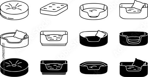 Pet bed icon set, line and black glyph style
