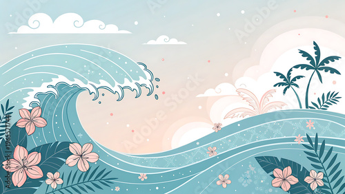 Relaxing Pastel Beach with Big Sea Waves and Tropical Pink Flowers Frame