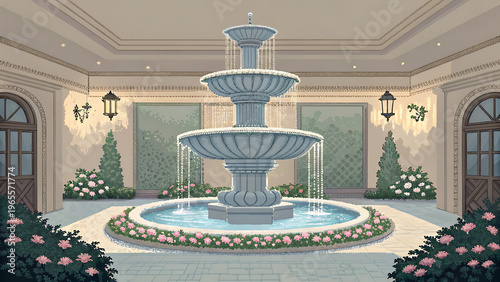 Elegant Stone Fountain with Blooming Flowers in a Classic Interior Courtyard