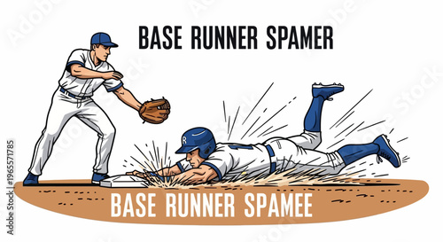 Baseball player slides into base, avoiding tag by infielder, action shot