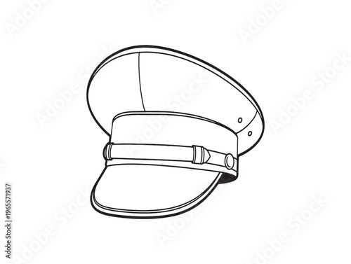 A black and white line drawing of a military style cap with a curved brim and chin strap