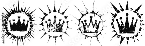 four grunge crowns with sunburst rays vintage royal symbols, rough ink emblems set