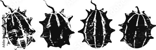 silhouettes of spiny gourd fruits with stems isolated on white background