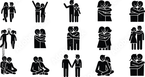 Set of couple icons showing love and friendship, happy stick figure people hugging and bonding, flat vector illustration.