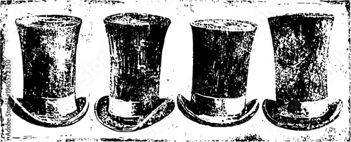 vintage black top hats arranged in a row with varying styles and worn textures