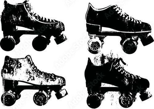 Four vintage roller skates silhouettes isolated on white background classic quad skate wheels and laces