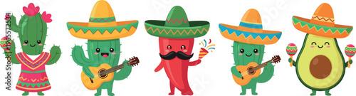 Cute Mexican Food and Fiesta Character Vector Set with Cactus, Chili Pepper, Avocado, Sombrero, Guitar, and Maracas for Cinco de Mayo, Party, and Celebration Designs