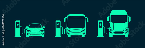 Electric vehicle charging station for cars, buses, and trucks. Vector illustration.