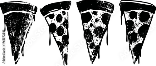 Four black and white vintage pizza slice illustrations with various toppings and crust styles