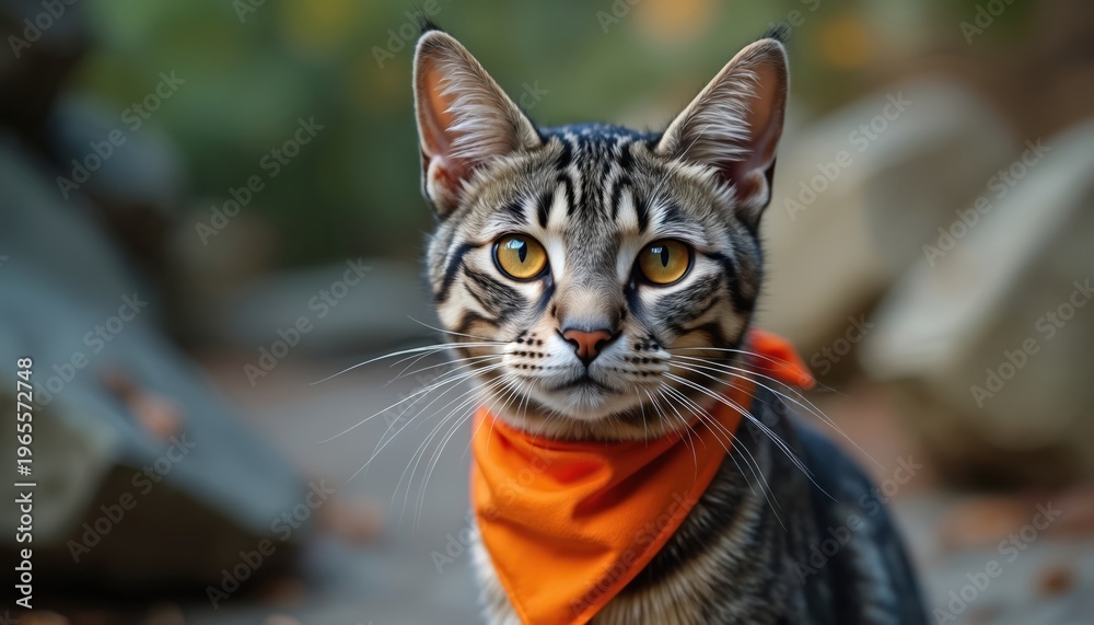 Fototapeta premium Tabby cat with yellow eyes wears orange bandana. Close up outdoor portrait of domestic pet with grey striped fur. Focus on animal face, whiskers, and ears. Natural background blur.