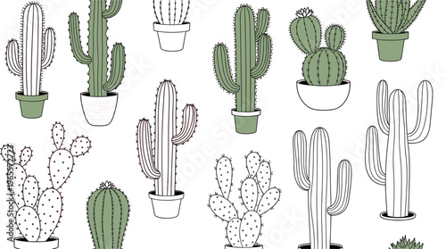 Collection of Potted Cactus Vector Illustrations with Saguaro, Prickly Pear, Barrel, and Aloe Plants for Desert, Botanical, Gardening, and Home Decor Designs