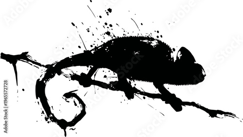 Silhouette of a chameleon on a branch with ink splatter artistic design
