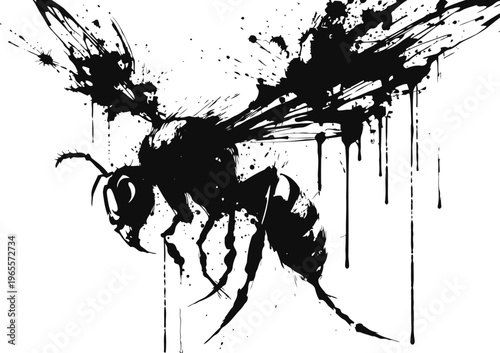 Black ink splatter wasp illustration with dripping paint effect on white background