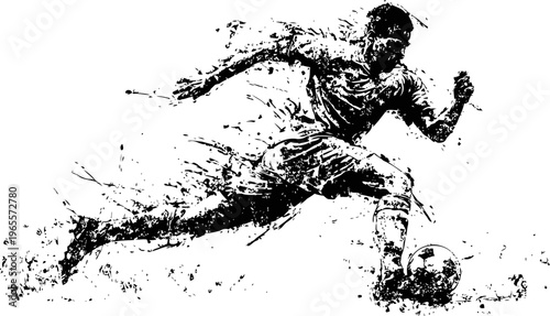 Dynamic soccer player striking ball in energetic splash ink illustration