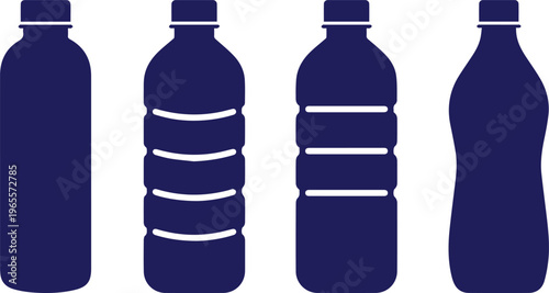 Plastic water bottle vector set, four dark blue silhouette beverage containers, empty drink packaging design elements for branding and eco-friendly concepts