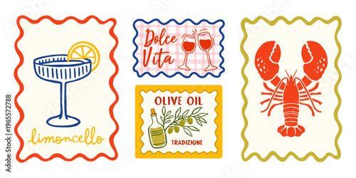 Italian food illustration set limoncello olive oil wine lobster mediterranean cuisine labels posters vintage style italian culture travel themed decorative prints collection