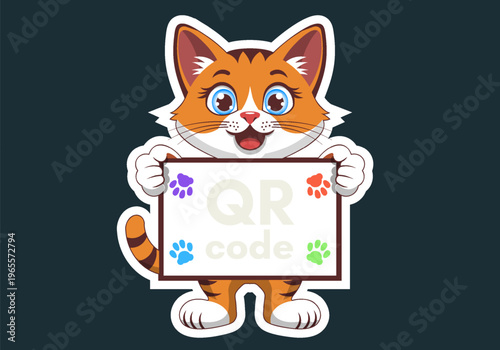 Vector toon cat sticker. Cute happy smiling cartoon ginger kitten holding blank banner with colorful paw prints. QR code template. Lovely pet
