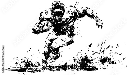American football player running with ball, aggressive sprint, dynamic action black ink illustration