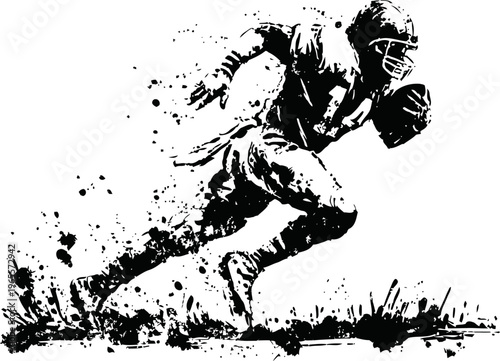 American football player running with ball dynamic silhouette ink splatter effect illustration