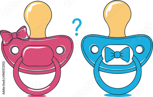 Baby pacifiers in pink and blue with bows