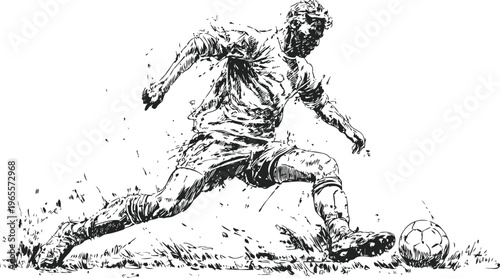 Active soccer player kicking ball in dynamic pose, hand drawn sketch illustration