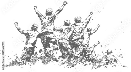 group of people celebrating victory with raised arms, energetic and joyful outdoors teamwork