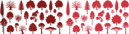 Diverse tree silhouettes vector collection, various deciduous and coniferous tree shapes, natural forest elements for landscape design and environmental projects, isolated red tree icons on white