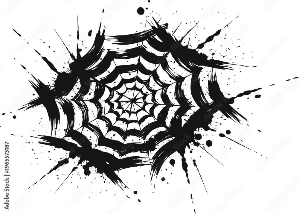 Obraz premium Spooky black spider web with paint splatters and grunge texture on white background
