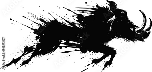 Abstract black wild boar silhouette with dynamic paint splatter ink effect in motion