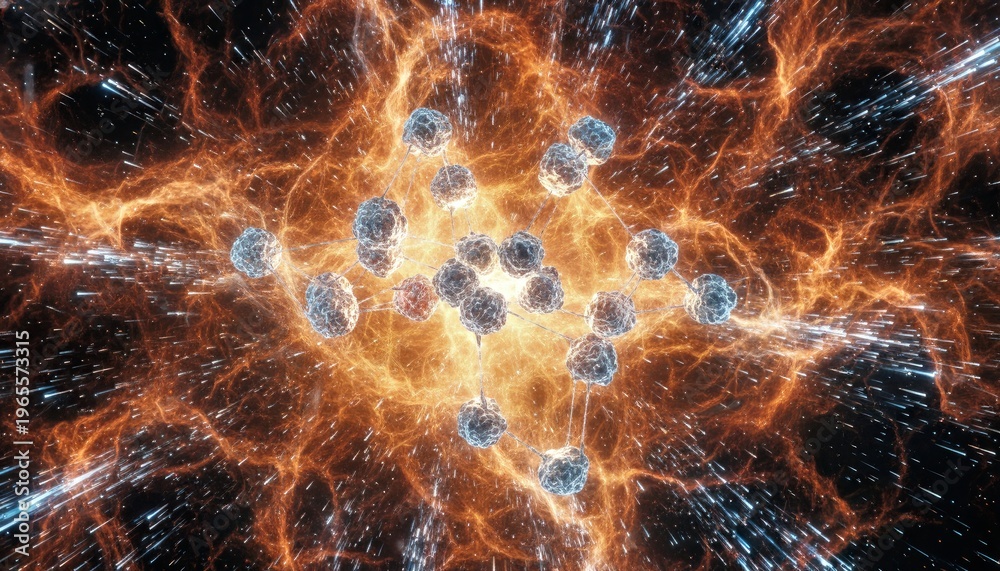 Fototapeta premium Cosmic Burst: An artistic and eye-catching view of a brilliant and fiery cosmic explosion, with celestial bodies and radiant energy swirling in a dynamic, abstract display.