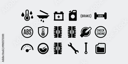 A set of black and white automotive dashboard warning icons featuring engine, brake, abs, battery, and temperature symbols in a clean minimal style.
