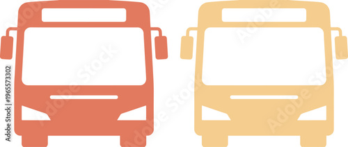 Modern bus vector icon set, two front-facing public transport vehicles, simple flat design for travel and urban mobility concepts, isolated on white