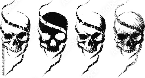 four black and white skulls with twisted ribbon design grunge style, spooky and gothic art