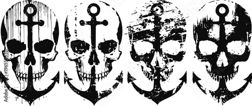 Grunge skull designs with anchor motifs set of four black and white distressed tattoo illustrations