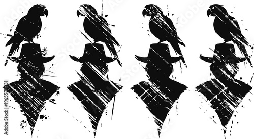 Silhouettes of men in hats with perched parrots, textured black and white artistic design
