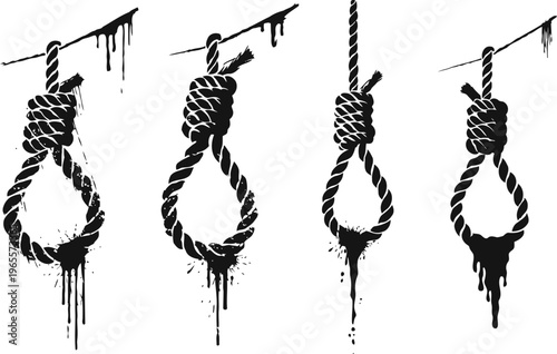 Four black dripping nooses hanging from ropes in a dark, grunge illustration