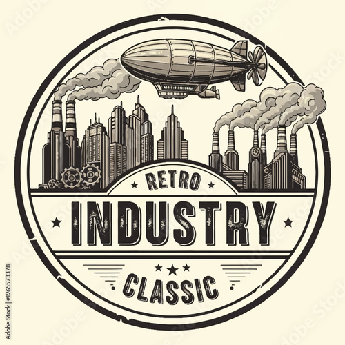 Retro Industry Classic Vintage Cityscape with Zeppelin Emblem.