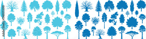Diverse Tree Silhouettes Vector Set, a collection of various deciduous and coniferous tree shapes, ideal for nature-themed design elements, forest illustrations, and environmental graphics