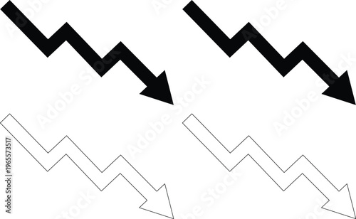 Downward trend arrow vector icon set, black zigzag decline symbol, financial market slump graphic, business crisis indicator, economic recession sign for data visualization and reports