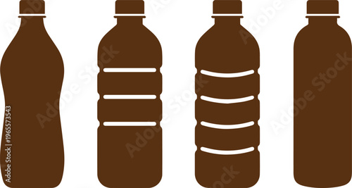 Brown plastic beverage bottles vector set, various empty drink containers, soda and water bottle silhouettes, packaging design elements for branding and product mockups