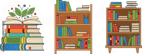 Colorful Book Stack and Bookshelf Illustration Set with Vibrant Books and Creative Book Arrangements for Library and Study Spaces