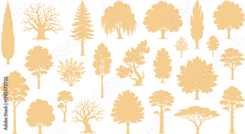 Diverse tree silhouettes vector collection, various deciduous and coniferous trees, natural plant icons for landscape design and environmental graphics, isolated botanical elements