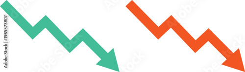 Downward Trend Arrows, vibrant teal and orange zig-zagging decline indicators, vector graphic elements for financial charts and business data visualization