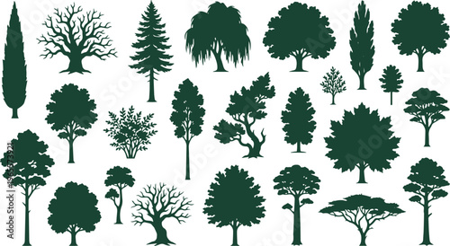 Diverse tree silhouettes vector collection, various deciduous and evergreen tree shapes, natural forest elements, botanical graphic resources for landscape design and environmental projects