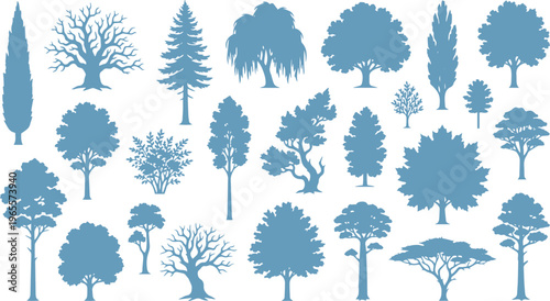 Diverse tree silhouettes vector collection, various tree shapes and foliage types, natural forest elements for landscape design, nature-themed graphic resources