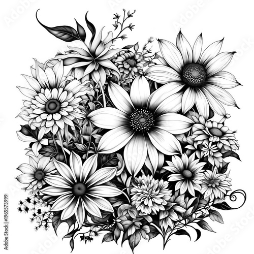 Black and white floral illustration featuring various flowers including daisies, sunflowers, and decorative leaves arranged in a detailed, intricate design. Coloring book