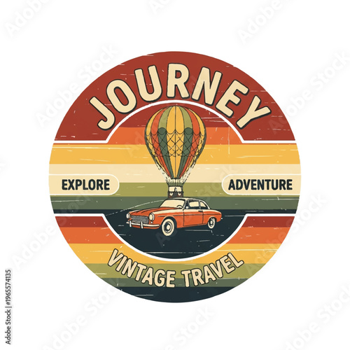 Vintage Journey Travel Badge Featuring Hot Air Balloon and Car Illustration.