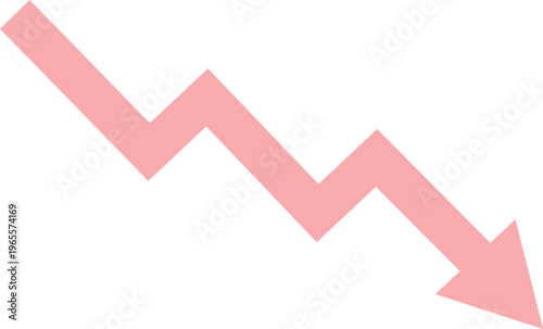 Pink downward trend arrow, zig-zagging decline vector graphic. Financial market crash indicator, business recession symbol, economic downturn illustration for data visualization and reports.